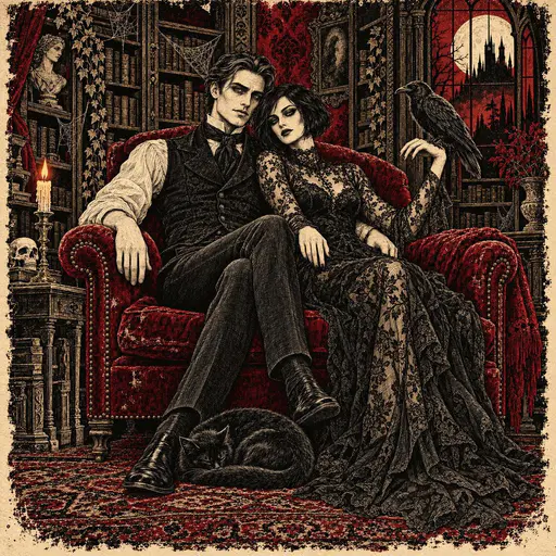 An elegant gothic couple sit in a candlelit manor library with a raven on her wrist and a black cat at their feet before a window showing a moonlit castle.