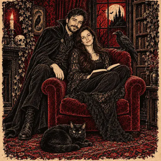 An elegant gothic couple sit in a candlelit manor library with a raven on her wrist and a black cat at their feet before a window showing a moonlit castle.