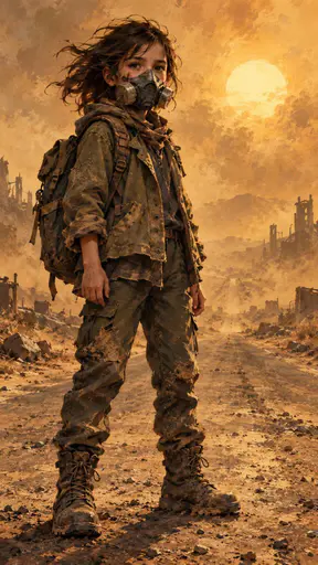 A girl with wind whipped hair wearing a respirator mask and a canvas jacket stands on a barren road in a golden dust haze with a hazy sun behind her.