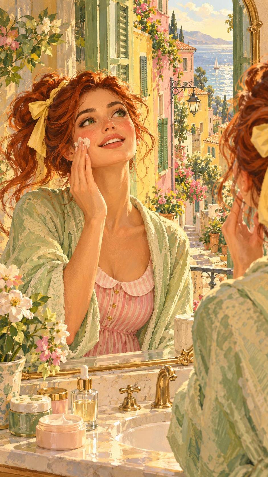 An adult woman applies a morning skincare routine in a bright bathroom mirror with fresh natural makeup, a soft robe, jars and a glass dropper on the shelf in warm daylight.