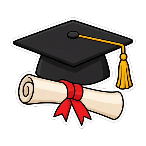 A cartoon sticker with a white outline on a transparent background showing a black mortarboard with a gold tassel above a rolled diploma tied with a red ribbon.