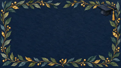 A wide deep navy parchment card background with gold-leaf laurel branches along the four margins, a small mortarboard cap with a tassel at the upper right and a large empty navy centre.