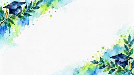 A wide white paper card background with loose cobalt, emerald and lime watercolor washes, laurel branches and a small navy mortarboard with a gold tassel in the top-left and bottom-right corners and a large plain white middle.