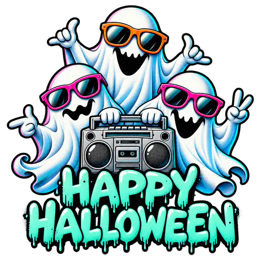 Three smiling white ghosts wearing pink and orange sunglasses float around a silver boombox above mint lettering reading HAPPY HALLOWEEN, isolated on a transparent background.