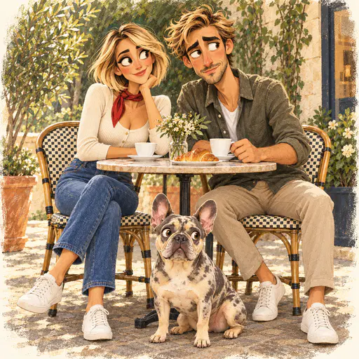 Grainy caricature illustration of an elongated couple at a cafe table with coffee and a croissant and a wide-eyed merle French bulldog, framed by a rough painted vignette