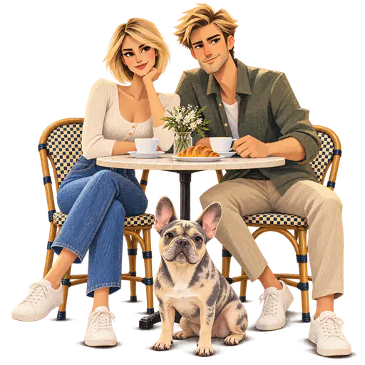 Grainy stylized editorial illustration of a couple and their French bulldog at a café table on a transparent background.