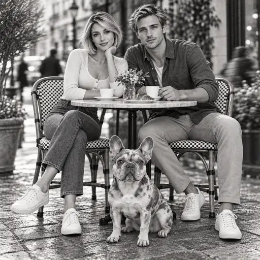 Black-and-white grainy street photograph of a couple and a French bulldog at a cafe table with a motion-blurred background