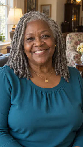 A smiling woman in her late sixties with thick silver locs to her shoulders, gold earrings and a thin gold chain, in a plain teal blouse in a warm living room with a floral armchair and a vase of pale yellow flowers.