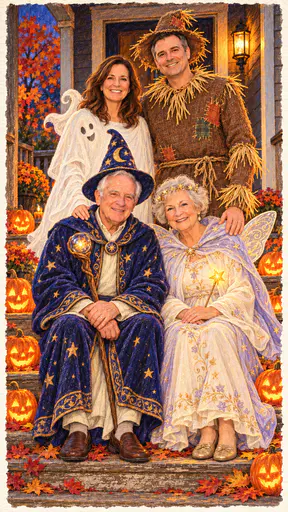 Grandparents, their adult daughter and son-in-law in fairy, wizard, ghost and scarecrow costumes sit and stand on porch steps lined with glowing carved pumpkins.