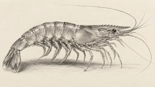 A shrimp in full side view with its walking legs lined beneath the body drawn in black graphite on warm ivory paper.