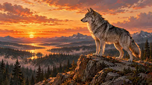 A majestic gray wolf stands on a rocky outcrop at dusk looking into the distance with a dark pine forest behind and a cold orange afterglow on the horizon.