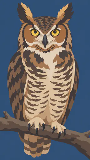 A great horned owl faces forward with brow tufts, steady yellow eyes and a facial disc built from broad flat tawny, cream and charcoal colour planes on a dusk blue ground.