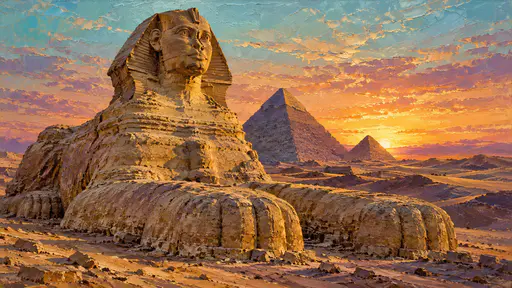 The Great Sphinx of Giza lies couched in the desert at dawn with the pyramids rising behind it and raking golden light across its face in layered wax paint.