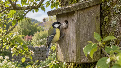 A great tit clings to the front of a wooden nest box in a garden tree and slips a small white feather held in its beak through the round entrance hole in diffuse overcast light.
