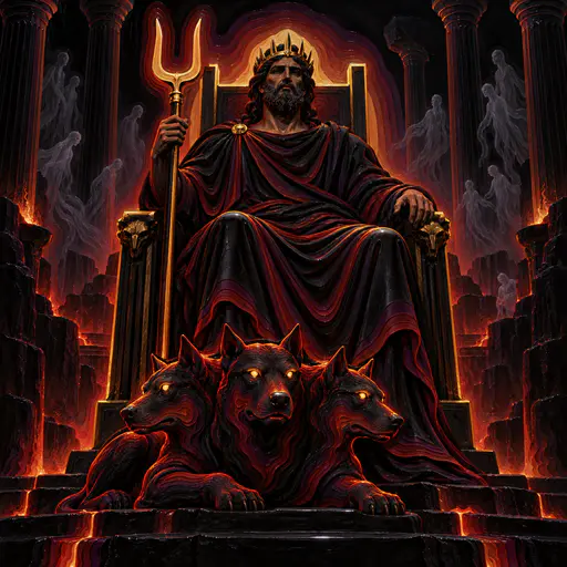 The Greek god Hades sits crowned and cloaked on a tall throne in the underworld with a bident and the three-headed hound Cerberus at his feet in nested black, red and amber lacquer layers.