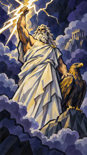 The Greek god Zeus, a bearded figure in a white robe with an eagle beside him, raises a golden thunderbolt above the storm clouds of Mount Olympus in jagged painted wedges.