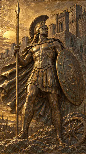 The Greek hero Achilles in a crested helmet and breastplate holds a round shield and a long spear before the high walls and towers of Troy in hammered bronze relief.