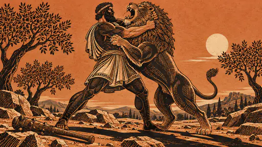 The Greek hero Heracles in a short tunic wrestles the Nemean lion in a headlock on rocky ground with a club at their feet and olive trees behind in bold contours and hatching.