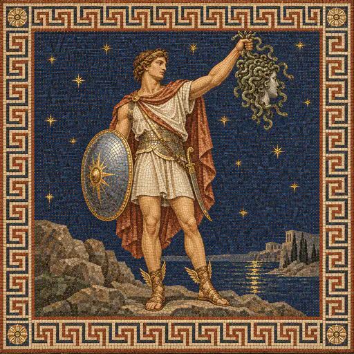The Greek hero Perseus with winged sandals, a curved blade and a shield holds up the head of Medusa with serpent hair against a deep blue tile field with a meander border.