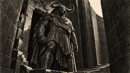 The bull-headed Minotaur of Greek myth stands with long curved horns in a narrow passage of the stone labyrinth of Crete between towering walls in white line engraving.