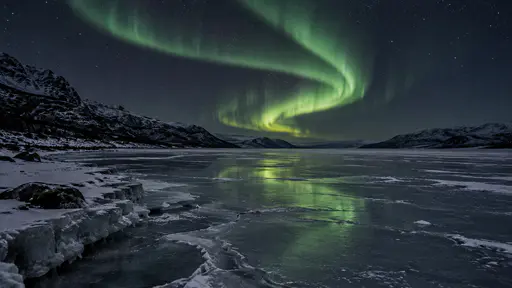 A green aurora ribbon folds back on itself in a long S curve above a frozen lake with its reflection faint in the ice below.