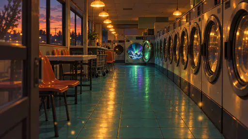 A long empty laundromat at dusk has warm tungsten lamps and a last washer whose round door opens on a green and violet aurora above a tiny snowy ridge in a retro animated film still.