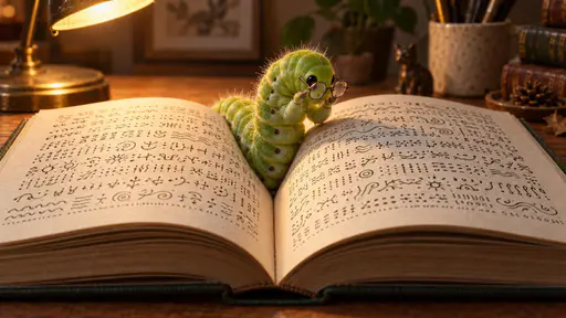 Bookworm: a plump green caterpillar lies curled along the gutter of an open book, its body settled in the valley between the two facing pages, front segments raised in the lean of a reader. It holds a tiny pair of round reading glasses up to its eyes with its front legs while it studies the…