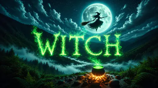 The word WITCH in five large green flame letters over a dark misty valley, with a flying witch silhouetted against a turquoise full moon and a green cauldron above an orange fire.