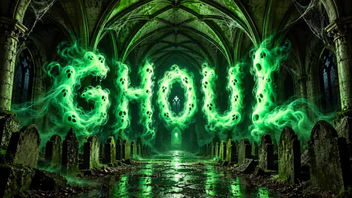 Five large green smoke letters spell GHOUL inside a ruined Gothic crypt. Small ghost faces with dark eyes and open mouths appear along the letters. Ribbed stone arches, cobwebs, dark windows and rows of weathered unlettered tombstones frame a wet reflective central aisle.