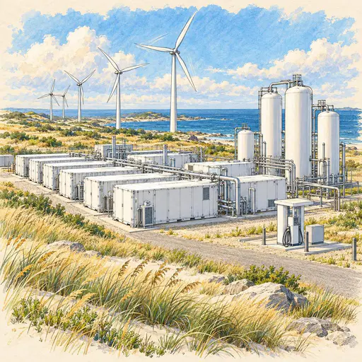 A green hydrogen plant on a coastal plain with rows of white electrolyzer containers, cylindrical storage tanks, a truck refuelling pump and wind turbines behind.