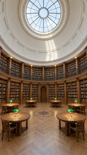 A circular reading room seen from its centre, round oak tables each with a lit green glass lamp, two tiers of curved bookshelves, a round skylight above.