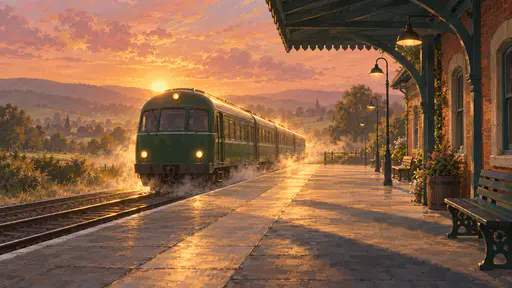 A green passenger train with a rounded front glides into a small country station with an empty platform, a wooden canopy and lamp posts in golden light.