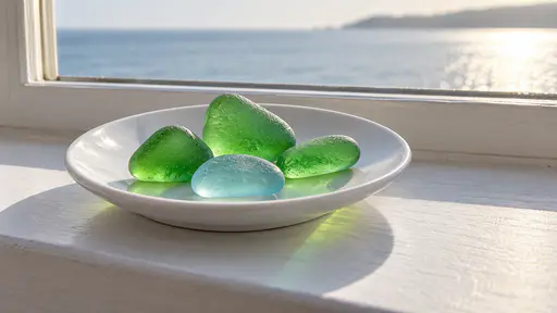 Three pieces of frosted green sea glass and one pale blue piece sit in a small white saucer on a window ledge with low sun passing through them and casting soft green and blue light.