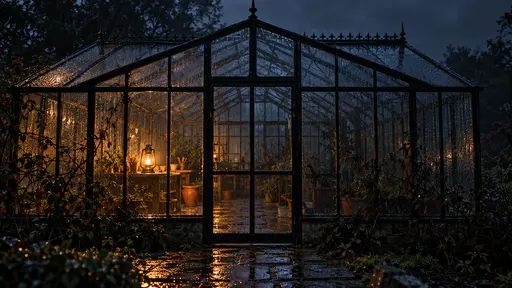 A cinematic photograph of an old glass greenhouse on a blue-grey night, every pane beaded with rain. One warm hurricane lantern lights the empty interior from the potting bench, its amber glow doubled in the wet glass and path puddles, while dark vines creep along the frame edges. A spooky greenhouse Halloween background; the calm upper-right glass is copy space.