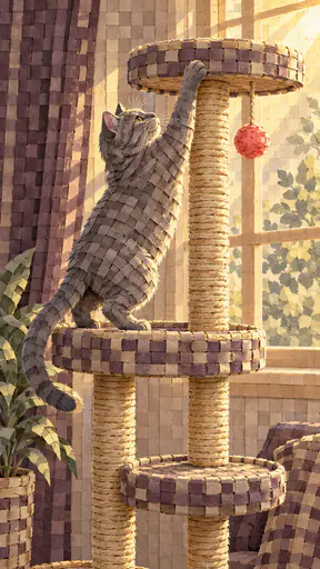 An adult grey cat climbs a tall rope-covered cat tree with round platforms toward the top perch beside a sunny window in woven paper strips.