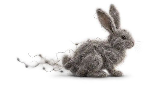 Dust bunny: macro photograph of a small rabbit formed entirely from tangled grey dust and lint, long ears up, a faint fiber trail behind its body, isolated on transparency with a soft contact shadow.