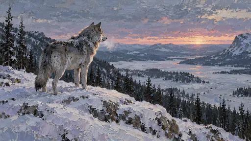 A grey wolf with thick winter fur stands alone on a snowy ridge above a frozen valley with bare pines under a pink dawn sky in layered wax paint.