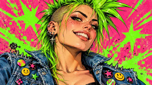 An adult with a spiky neon green mohawk and a mischievous grin wears a denim jacket with colorful pins against a bright backdrop.