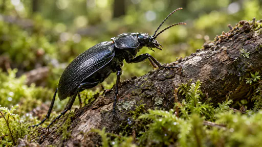 A glossy black ground beetle climbs over a short weathered twig lying across a mossy woodland path with its front legs hooked over the bark and its antennae raised, the whole beetle in side view with a shallow focus plane in dappled light.