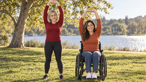 A woman with a silver-blonde bob in a deep red top stands stretching her arms overhead beside a woman in a black wheelchair with long wavy dark hair doing the same stretch, both smiling on a sunny lakeside lawn with a plane tree and the lake behind them.