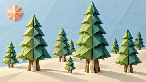 A grove of several trees of different heights built from stacked folded triangular paper modules in graded greens with brown and cream trunks.