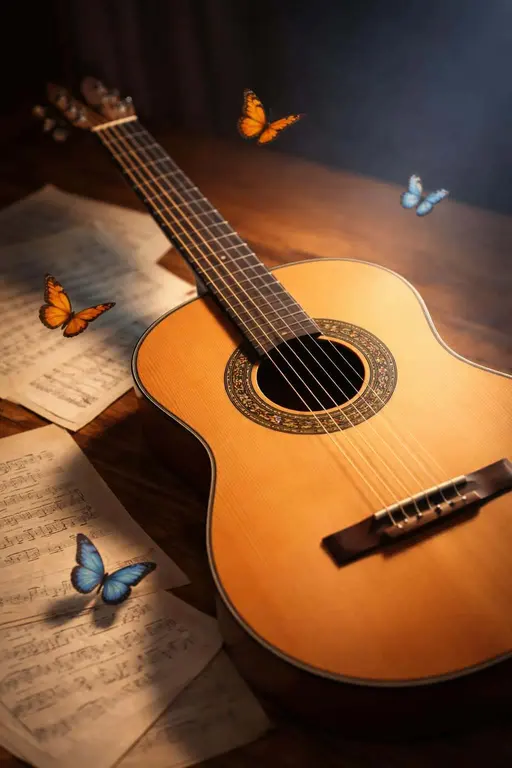 Close-up still-life photograph of a decorated acoustic guitar surrounded by butterflies and scattered sheet music, rendered as a dreamy poster-cover composition in portrait ratio.