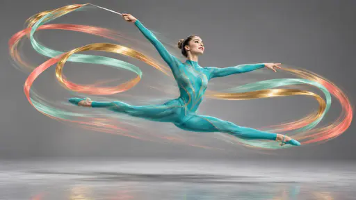 An adult rhythmic gymnast in a turquoise unitard leaps in a split with a long mint coral and gold ribbon spiralling behind her in silky motion streaks on a soft grey studio backdrop.
