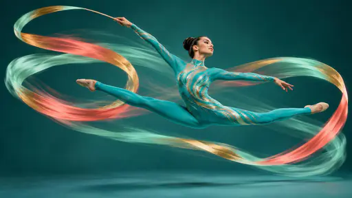 An adult rhythmic gymnast in a turquoise unitard leaps in a split with a long mint coral and gold ribbon spiralling behind her in silky motion streaks on a seamless matte deep teal backdrop.