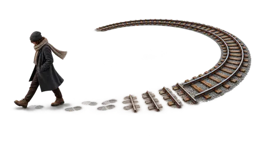 Seen from above at a gentle angle, a small walker crosses open ground where each footprint behind them has hardened into a short segment of railway, and farther back those segments have joined into a continuous curved track leading back to a doorway. Habit lays rails beneath your feet: repeated behavior sets a route that becomes automatic.