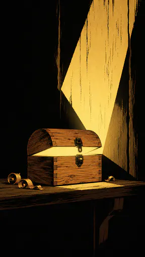 A small hinged oak box with a domed lid and an iron clasp stands half open on a dark shelf with a pale gold glow spilling from the opening in deep ink shadow.