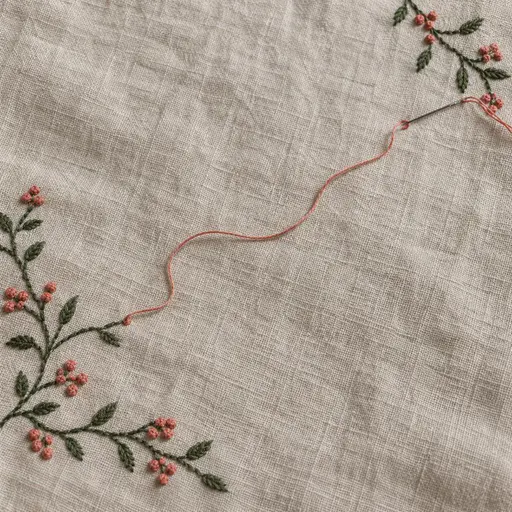 A plain unprinted linen cloth with visible weave carries a restrained embroidered border in faded coral knots and forest-green stem stitch worked mostly at two corners and stopping short, with one needle at the unfinished end and its loose coral thread trailing across the empty centre to a single far-side stitch.