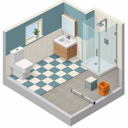 A bathroom floor is half covered in cream and teal checker tiles and half bare grey concrete with a stack of tiles, an orange bucket and a straight edge.