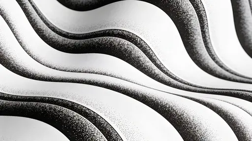 A seamless 16:9 halftone pattern of layered wave bands flowing across the surface, defined by dense black dot fields that fade into lighter gray areas on a clean off-white background, repeating continuously.