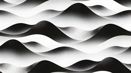 A seamless abstract pattern of flowing horizontal waves formed from dense halftone dots that rise and fall like layered rolling hills in stark black-and-white, tiled to fit a 16:9 frame.